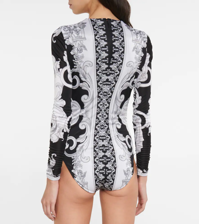 Shop Versace Baroque Cutout Jersey Bodysuit In Black+white