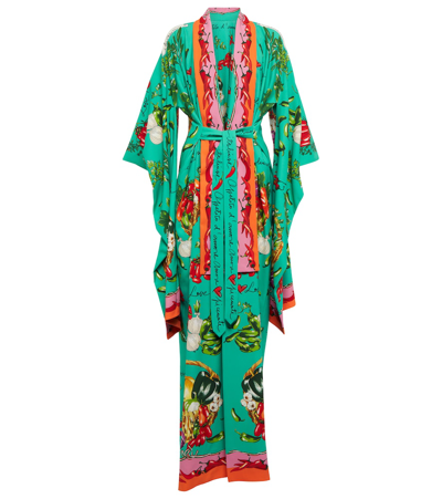 Shop Dolce & Gabbana Printed Silk Charmeuse Kaftan In Verdura Fdo.verde
