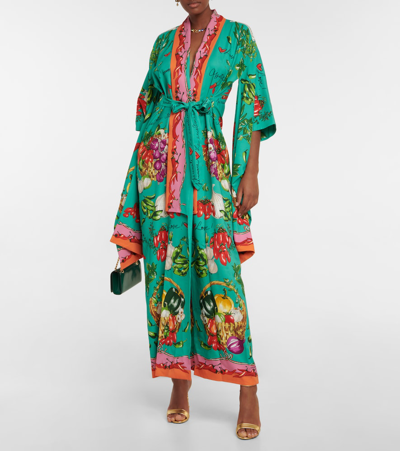 Shop Dolce & Gabbana Printed Silk Charmeuse Kaftan In Verdura Fdo.verde