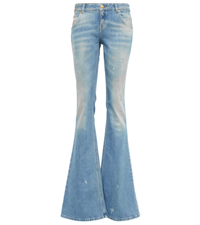 Shop Blumarine Distressed Mid-rise Flared Jeans In Country Blue