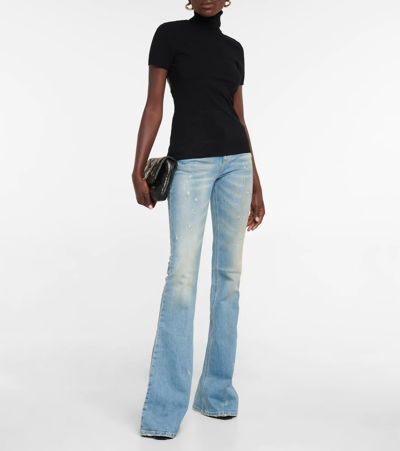 Shop Blumarine Distressed Mid-rise Flared Jeans In Country Blue