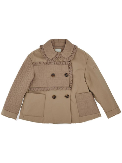 Shop Fendi Kids Double Breasted Ruffled Jacket In Brown