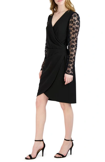 Shop Donna Ricco Lace Long Sleeve Faux Wrap Cocktail Dress In Black