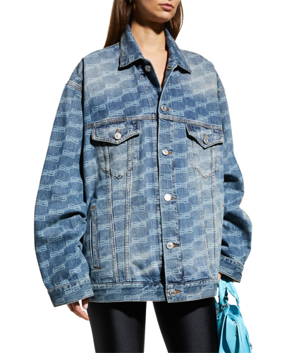 Shop Balenciaga Oversize Logo Print Denim Jacket In Bleu Jean
