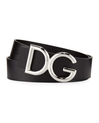 Shop Dolce & Gabbana Men's Leather Belt With Logo-plate Buckle In Black