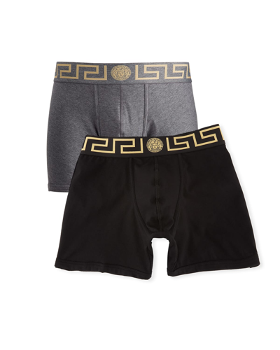 Shop Versace Two-pack Greca Border Long Boxer Trunks In A91m Blackgray