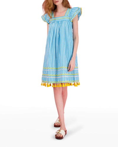 Shop Mer St. Barth Sandrine Check Embroidered Dress With Tassel Fringe In Turquoise Check