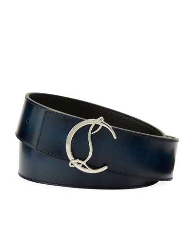 Shop Christian Louboutin Men's Reversible Cl Logo Leather Belt In Blue/black