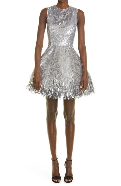 Shop Oscar De La Renta Sequin & Fringe Skater Dress In Silver