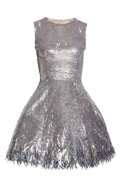 Shop Oscar De La Renta Sequin & Fringe Skater Dress In Silver