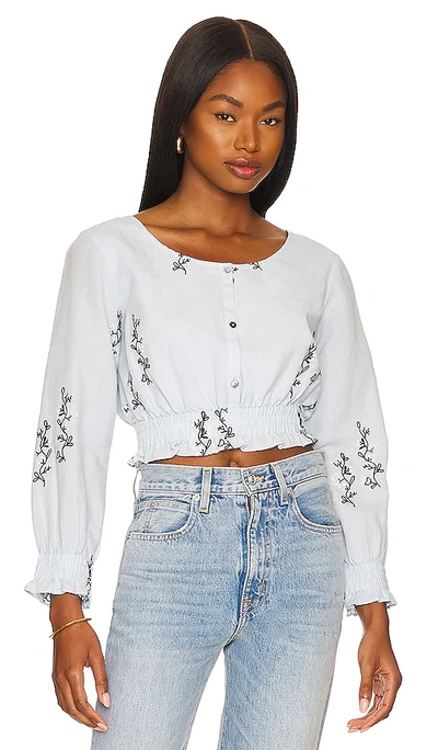 Shop Something Navy Cropped Embroidered Long Sleeve Top In Baby Blue