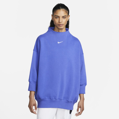 Shop Nike Women's  Sportswear Phoenix Fleece Over-oversized Mock-neck 3/4-sleeve Sweatshirt In Lapis,sail