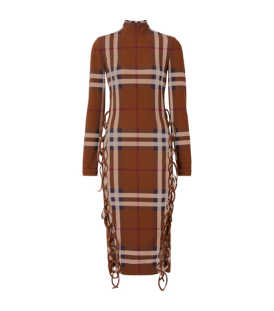 Shop Burberry Check Tie-detail Dress In Brown