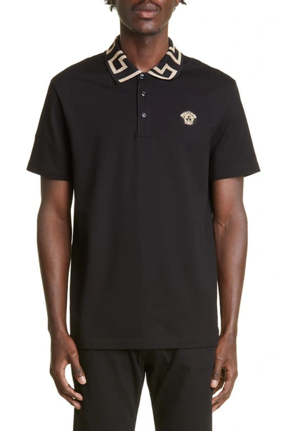 Shop Versace Greco Collar Cotton Piqué Polo In Black