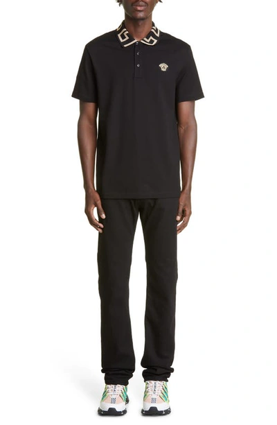 Versace Geometric Patterned Black Polo Shirt With Classic Placket