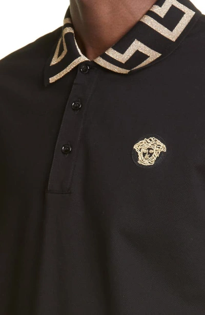 Shop Versace Greco Collar Cotton Piqué Polo In Black