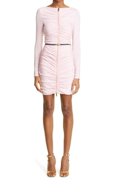 Shop Versace Ruched Long Sleeve Georgette Minidress In Rose