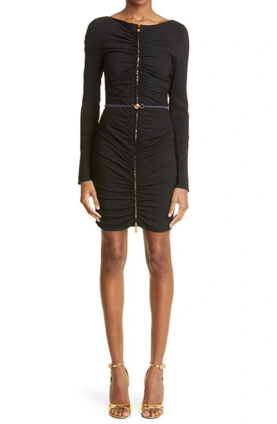 Shop Versace Ruched Long Sleeve Georgette Minidress In Black