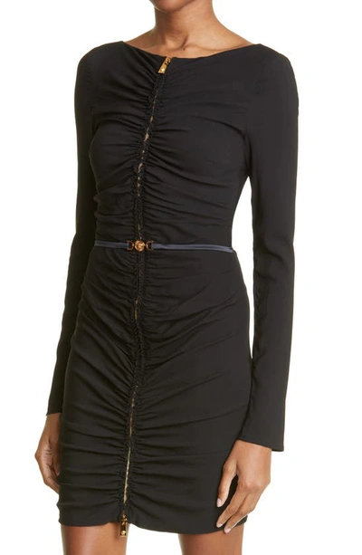 Shop Versace Ruched Long Sleeve Georgette Minidress In Black