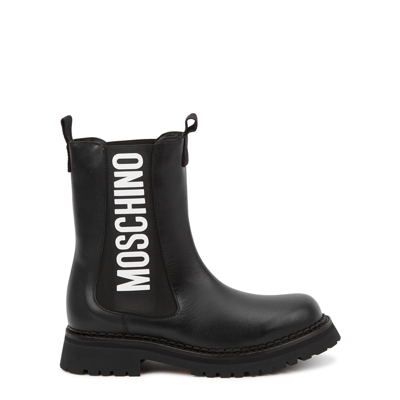 Shop Moschino Black Logo Leather Chelsea Boots