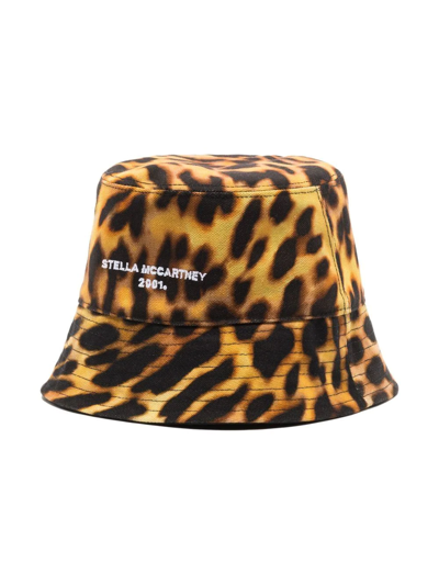 Stella Mccartney Orange Leopard Print Logo Cotton Bucket Hat In Gelb