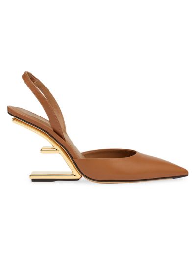 Shop Fendi Women's  First Leather Slingback Pumps In Caramello