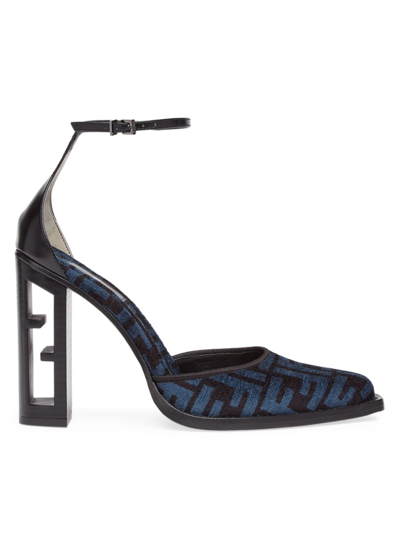 Shop Fendi Women's Jacquard Ff Ankle-strap Pumps In Nero Blue
