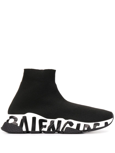 Shop Balenciaga Logo Print Speed Sneakers In Black
