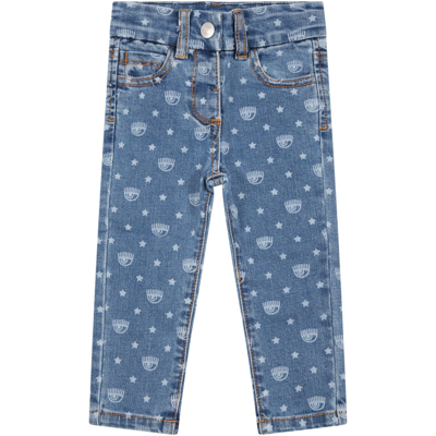 Shop Chiara Ferragni Blue Jeans For Baby Girl With Iconic Blinking Eyes And Star In Denim