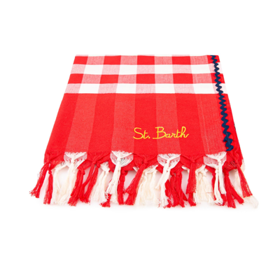 Shop Mc2 Saint Barth Fouta With Navy Blue Wave Trim And Gingham Print In Red