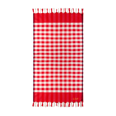 Shop Mc2 Saint Barth Fouta With Navy Blue Wave Trim And Gingham Print In Red
