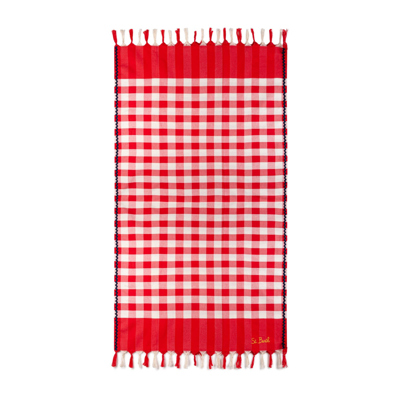 Mc2 Saint Barth Fouta With Navy Blue Wave Trim And Gingham Print In Red