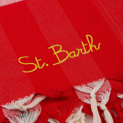 Shop Mc2 Saint Barth Fouta With Navy Blue Wave Trim And Gingham Print In Red