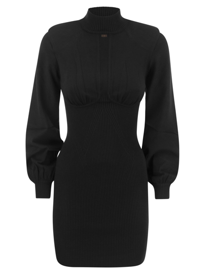 Shop Elisabetta Franchi Ribbed Mini Dress With High Neck And Cups In Black