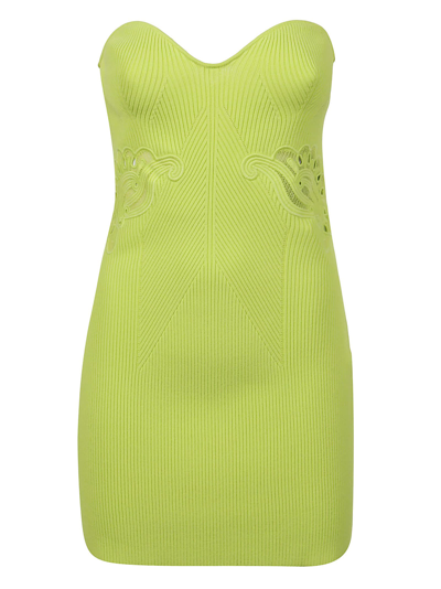 Shop Self-portrait Inserted Lace Ribbed Knit Mini Dress In Lime