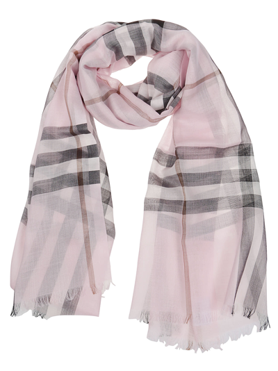 Check Lightweight Wool Silk Scarf in Pale Candy Pink