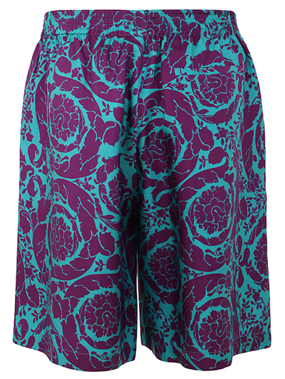 Shop Versace Baroque Twill Silk Shorts In Teal Plum
