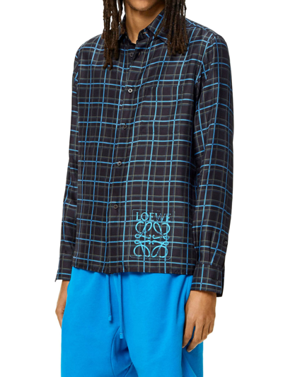 Shop Loewe Anagram Check Shirt In Turquoise