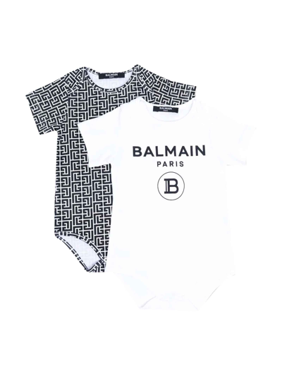 Shop Balmain Set 2 White / Black Romper Baby Unisex In Bianco/nero