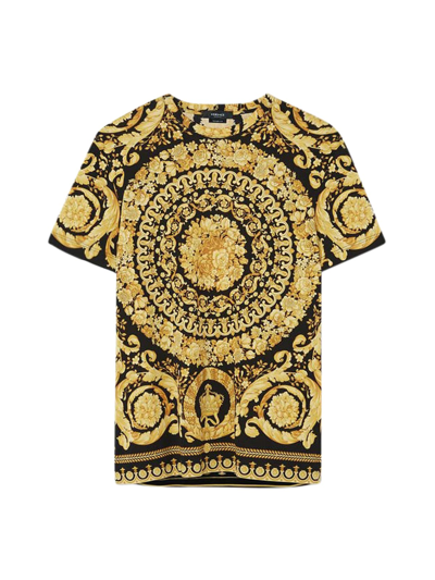 Shop Versace T-shirt Jersey Cotton Bio Stampa Barocco Classic In Black Gold