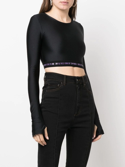 Shop Versace Jeans Couture Logo Cropped Long-sleeve Top In Black