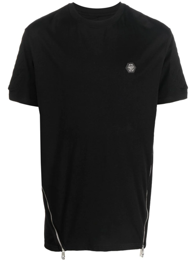 Shop Philipp Plein Zippered Logo-patch T-shirt In Black
