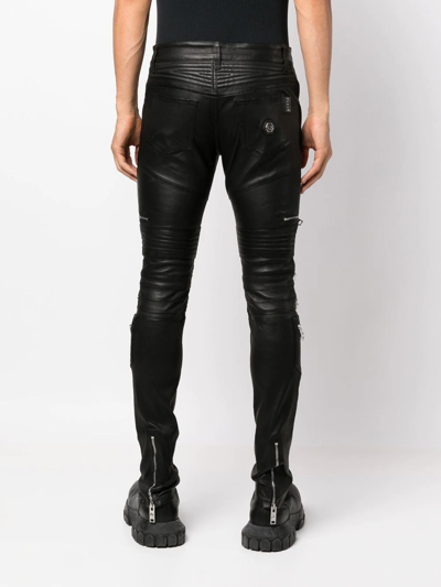 Shop Philipp Plein Zippered Leather Biker Trousers In Black