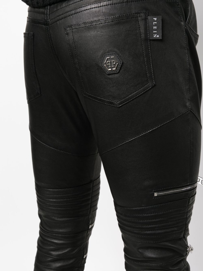 Shop Philipp Plein Zippered Leather Biker Trousers In Black