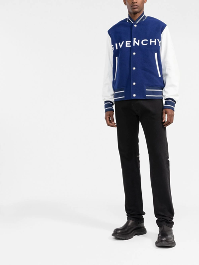 Givenchy Mixed Media Logo Wool Blend Varsity Jacket In Blue