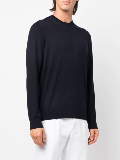 Giorgio Armani Refined Wool Knit Sweater With Round Neckline In Blue
