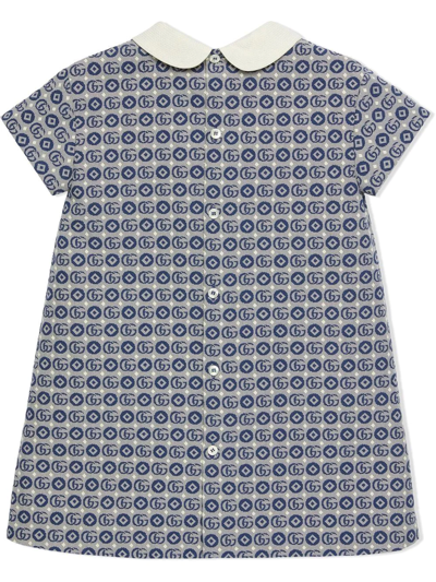 Shop Gucci Double G Flared Dress In Blue