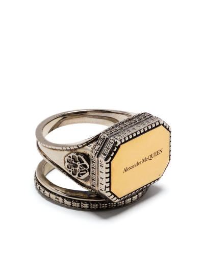 Shop Alexander Mcqueen Engraved Logo Signet Ring In Silver