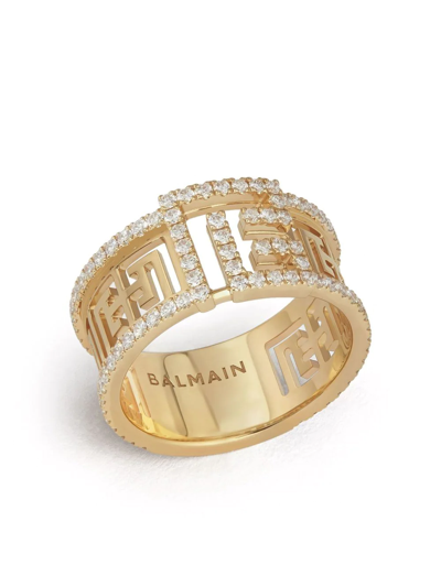 Shop Balmain 18kt Yellow Gold Labyrinth Frieze Pave Diamond Ring