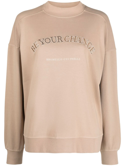 Brunello Cucinelli Embroidered Round-neck Sweatshirt In Neutrals